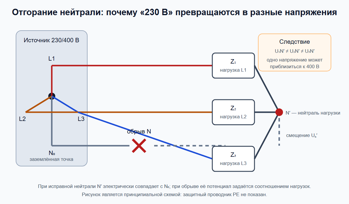 Принципиальная схема смещения звёздной точки при обрыве нейтрали